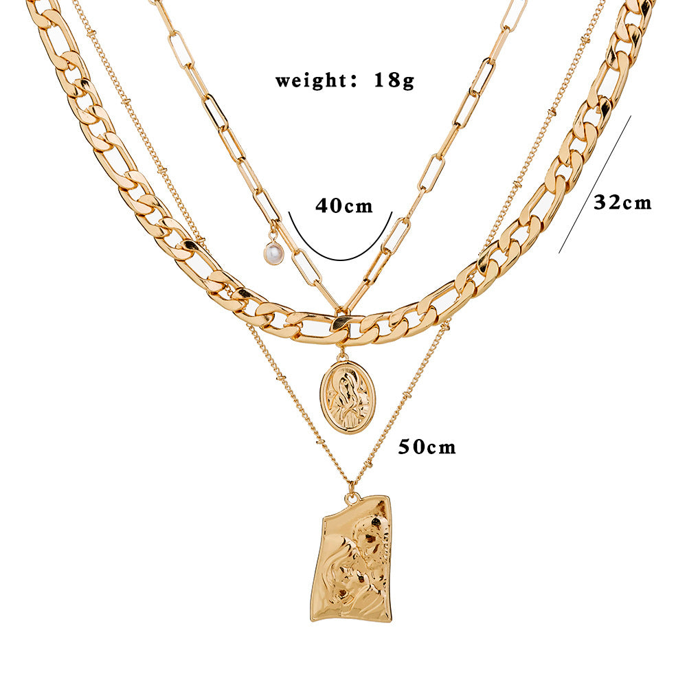 Metal Layered Necklace with Roman Pendant and Pearls