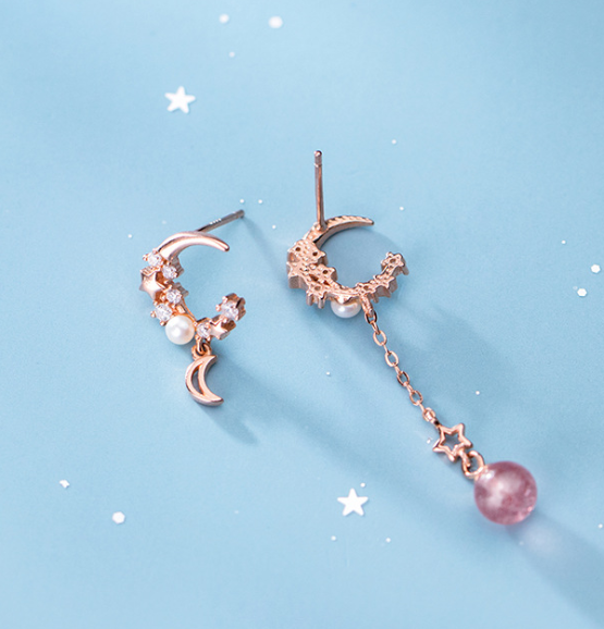 S925 Silver Earrings with Asymmetric Star and Moon Design