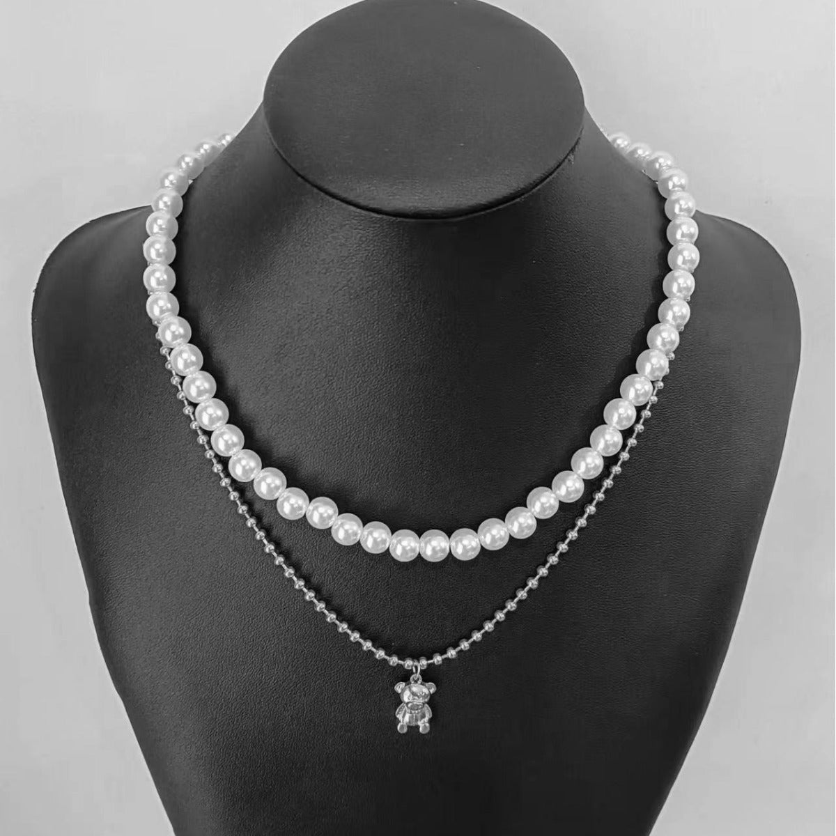 Trendy Layered Pearl Necklace with Bear Pendant