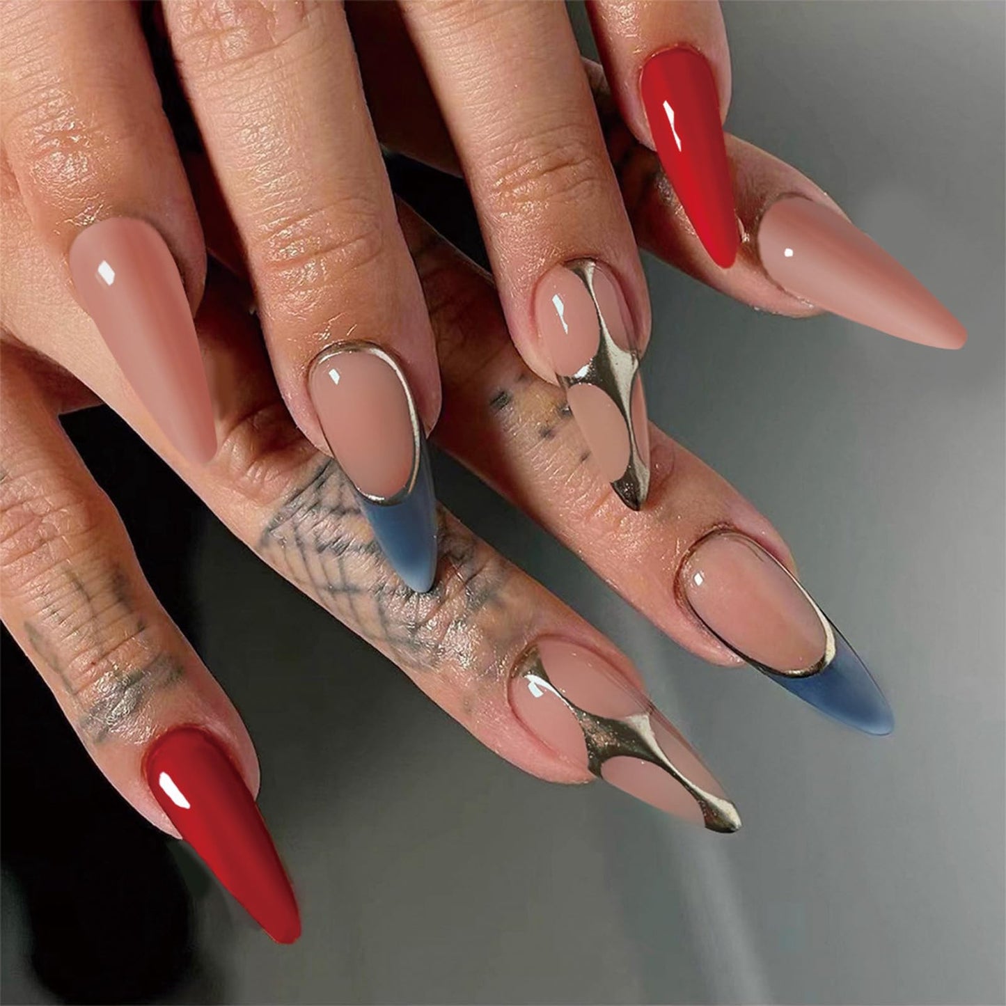 SINHOT Medium Press on Nails Almond Fake Nails Glossy Glue on Nails Gold Chrome Acrylic Nails Stiletto Artificial Nails French Tip Stick on False Nails with Design 24 pcs