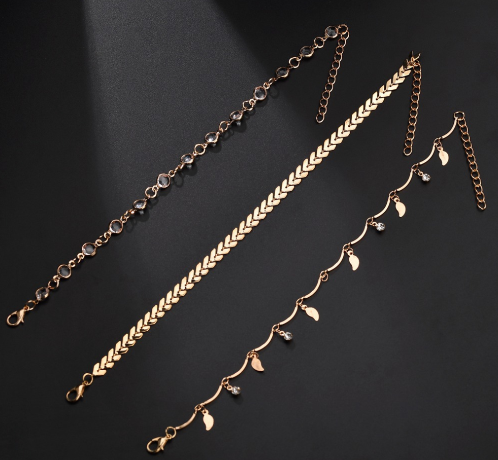 Three-Piece Beaded Leaf Arrow Anklet Set