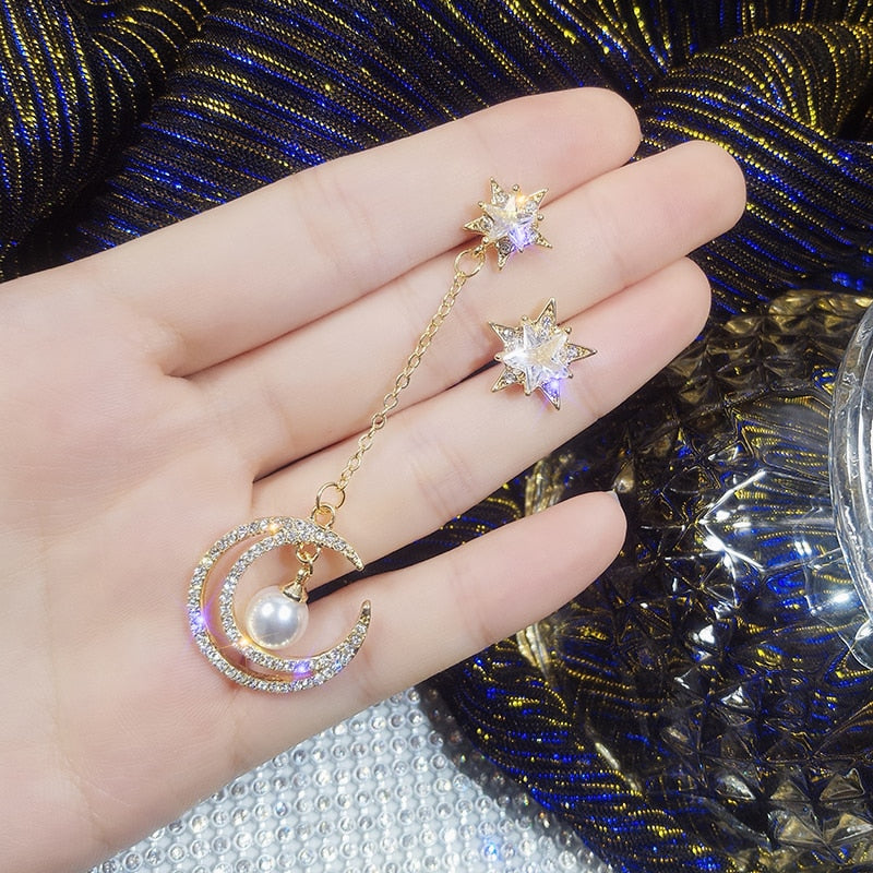S925 Silver Asymmetrical Star and Moon Long Earrings