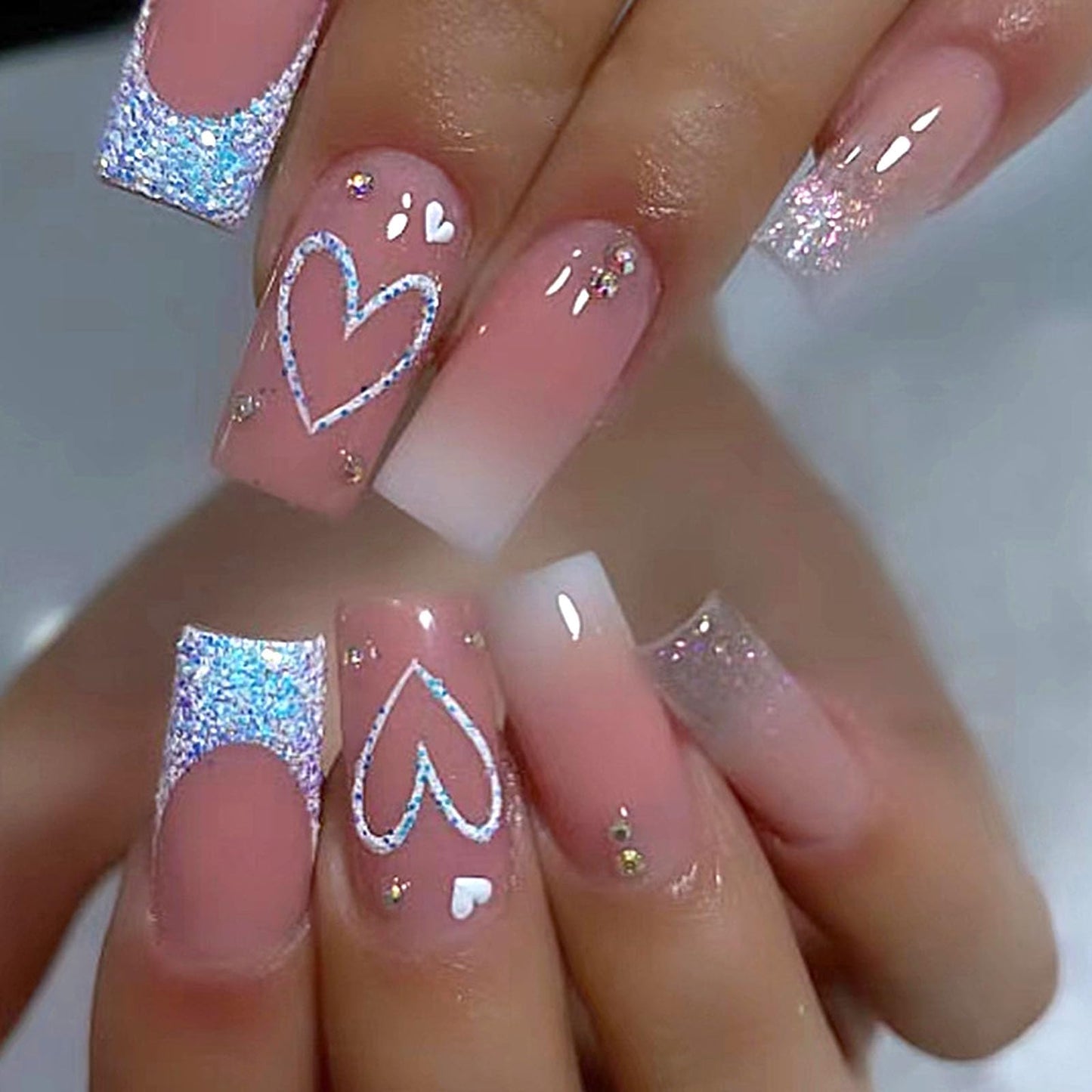 Medium Press on Nails Square Pink Ombre Fake Nails with Heart Glitter French Designs Rhinestones False Nails Press ons Valentines Day Glue on Nails Glossy Full Cover Valentines Nails for Women 24 Pcs