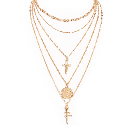 Cross Rose Pendant Necklace - Fashionable Layered Design