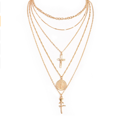 Cross Rose Pendant Necklace - Fashionable Layered Design
