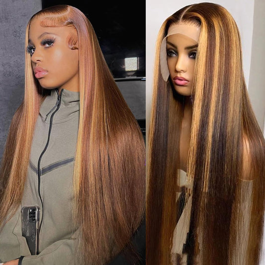 ARIPOLA Ombre Highlight Lace Front Wig Human Hair 13x4 HD Transparent 4/27 Honey Blonde Lace Frontal Wigs Pre Plucked with Baby Hair 180 Density Straight Lace Front wigs Human Hair Colored （32inch）