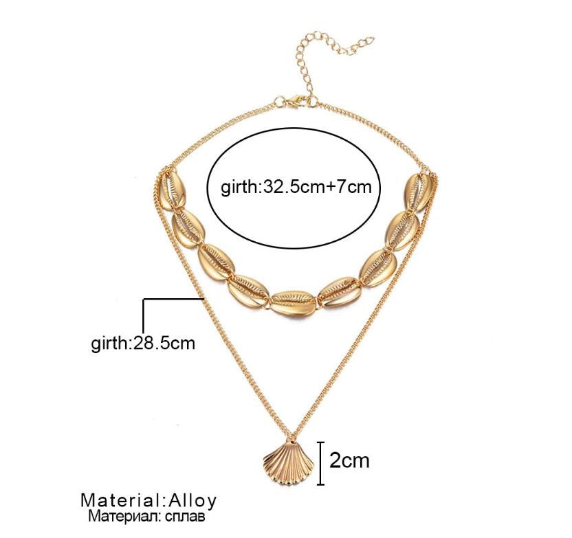 Versatile Metal Layered Necklace with Shell Pendant