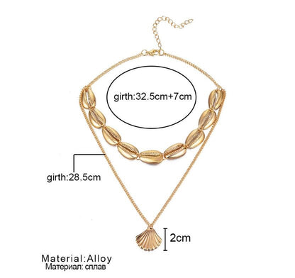 Versatile Metal Layered Necklace with Shell Pendant