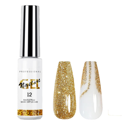 YHGIJ Nail Art Polish 8ml Gel Liner Nail Polish Gold Glitter Gel Polish Liner Gel Art Sparkle Colors French Gel Polish UV Gel Paint Build in Thin Brush for Women Nails Design Lovers (Gold)