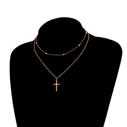 Stylish Cross Pendant Necklace with Geometric Layered Chain
