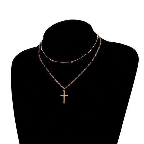 Stylish Cross Pendant Necklace with Geometric Layered Chain