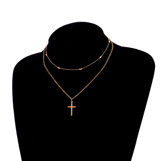 Stylish Cross Pendant Necklace with Geometric Layered Chain