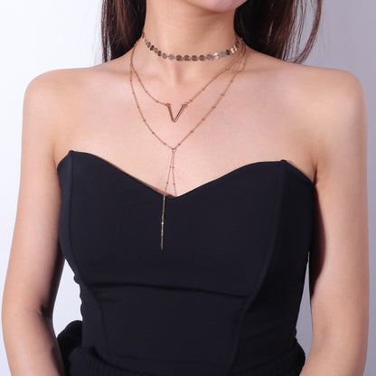 Alloy V Pendant Sweater Chain, Simple Layered Necklace