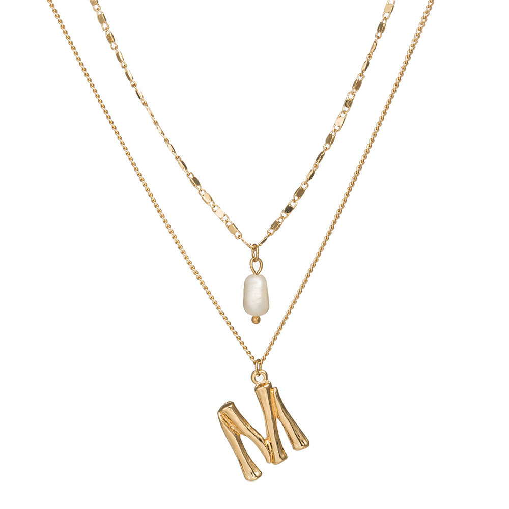 Trendy Layered Shell Necklace with Pearl Letter Pendant