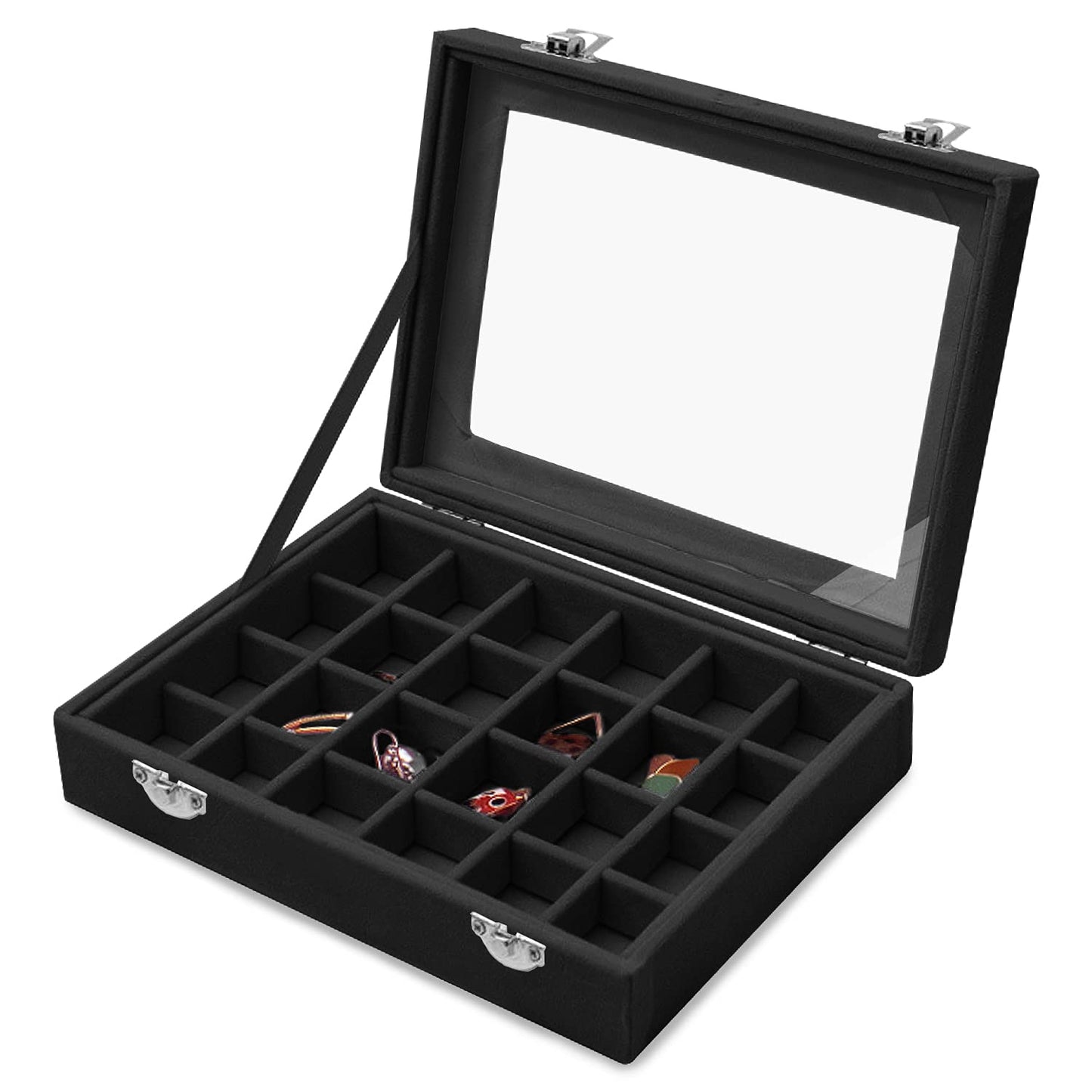 Lainrrew 24 Grid Velvet Jewelry Box Jewelry Display Showcase Tray Earrings Rings Necklaces Bracelet Organizer Holder Jewelry Storage Box Case for Girls Women (Black)