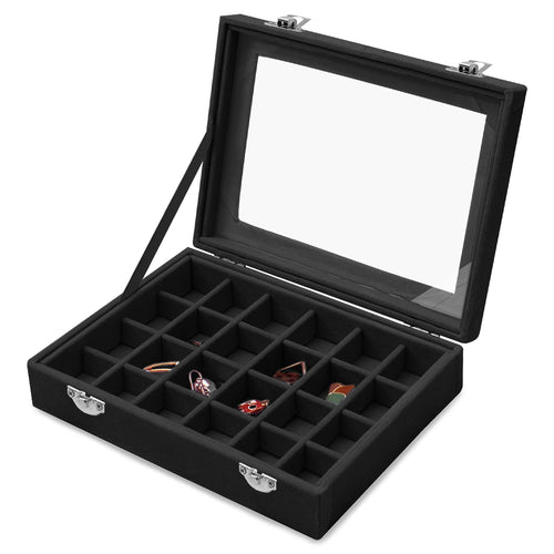 Lainrrew 24 Grid Velvet Jewelry Box Jewelry Display Showcase Tray Earrings Rings Necklaces Bracelet Organizer Holder Jewelry Storage Box Case for Girls Women (Black)