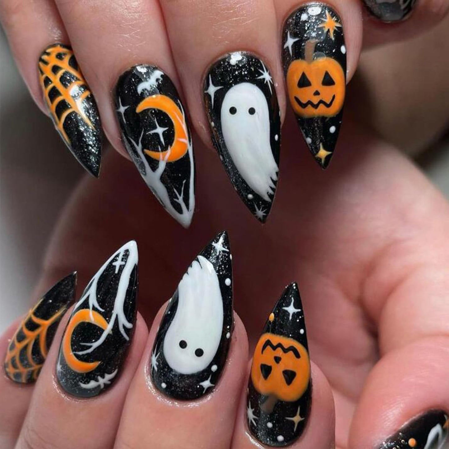 Cute Ghost Press on Nails Halloween Gel Glue on Nails 24Pcs Glossy Orange Pumpkins Ghost Face Acrylic Medium Almond False Nails Moon Star Fake Nails Stick on Nails for Women Girls with Spider Web