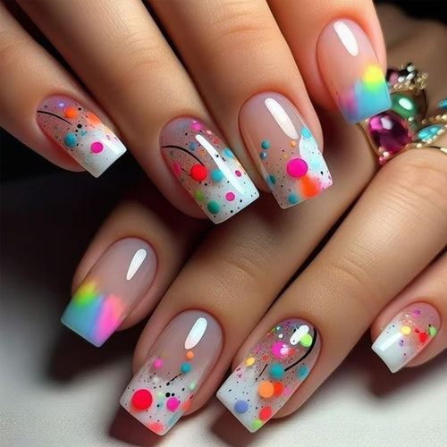 24Pcs Square Press on Nails Short Medium French Fake Nails Colorful Gradient Acrylic False Nails Cute Glossy Artificial Nails Glue on Nails Stick on Nails for Women Girls