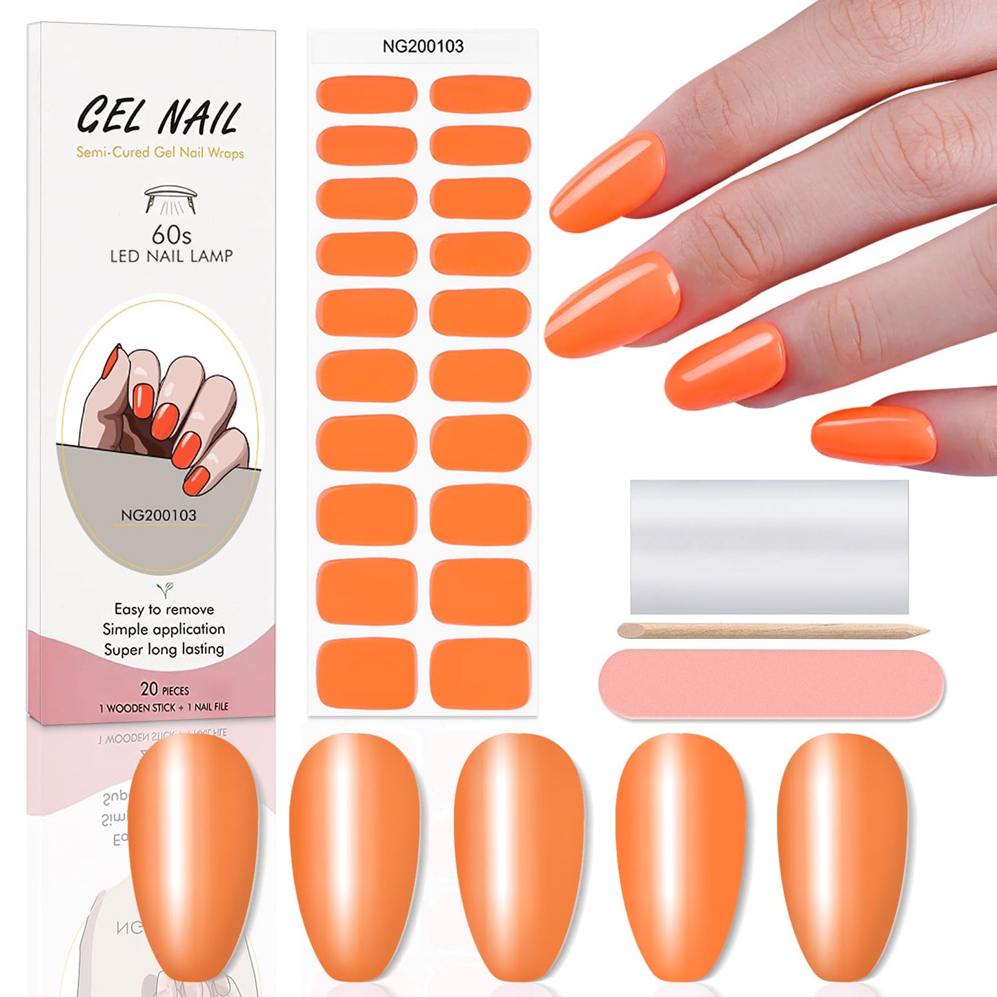 WOKOTO 20 Pcs Orange Semi Cured Gel Nail Strips with Nail File & Wooden Stick Solid Gel Nail Polish Stickers Full Nail Wraps for Women Girls Stick On Nails Wraps Real Nail Polish Wraps UV Gel Nails