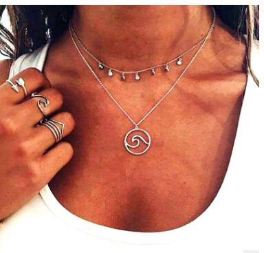 Pentagram Sun Moon Pendant Layered Necklace