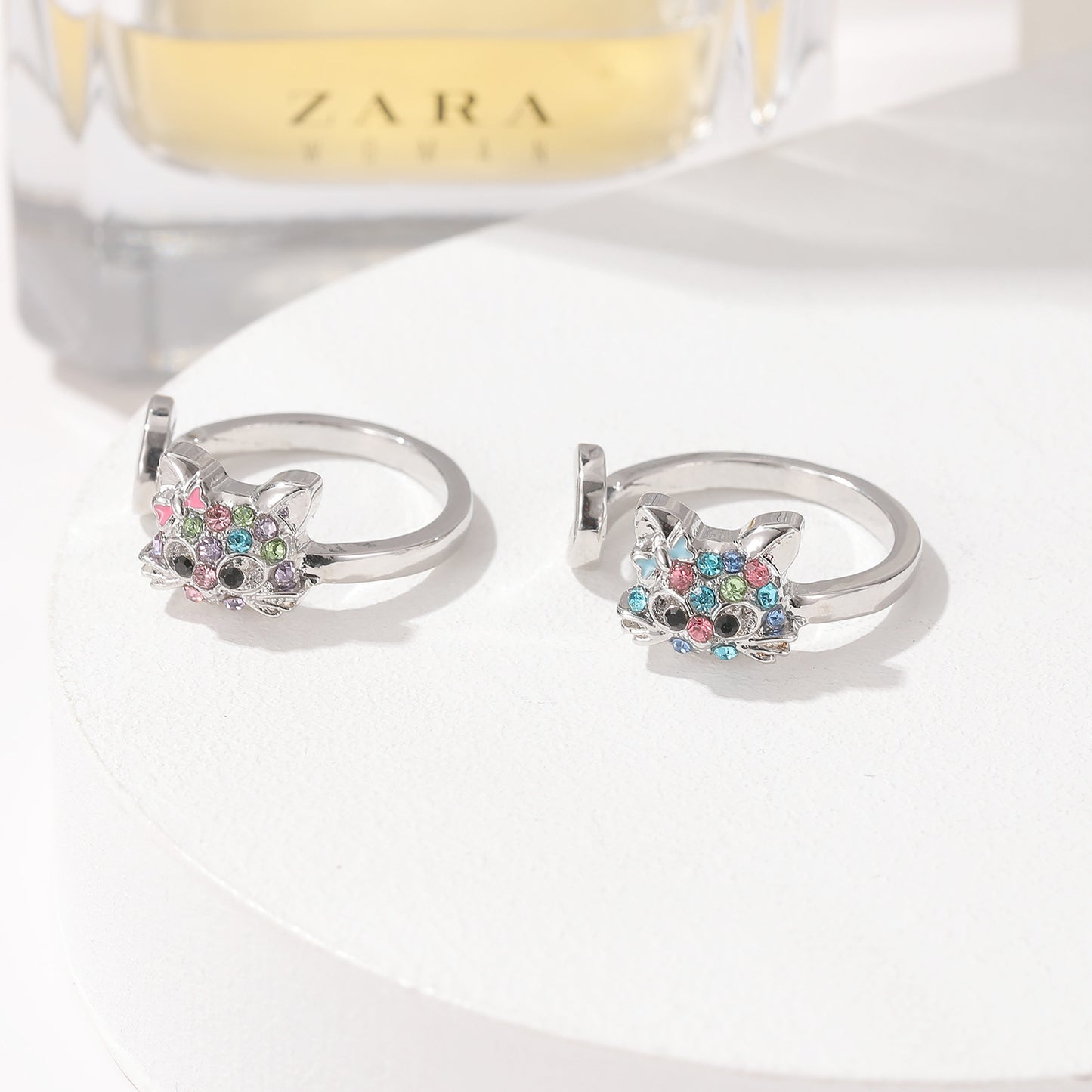 Cat-Themed Jewelry Set: Ring, Earrings, Necklace, Bracelet
