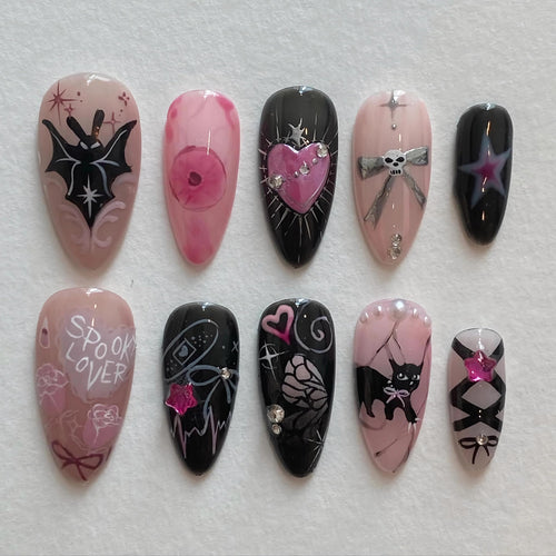 BABALAL Almond Press on Nails Medium Fake Nails Black Pink Glue ons Nails Y2k Bat Cat Bow Design Goth Acrylic Nails 24Pcs Cute Halloween False Nails Star Stiletto Nails
