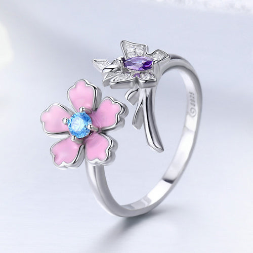 S925 Silver Butterfly Flower Open Ring for Women
