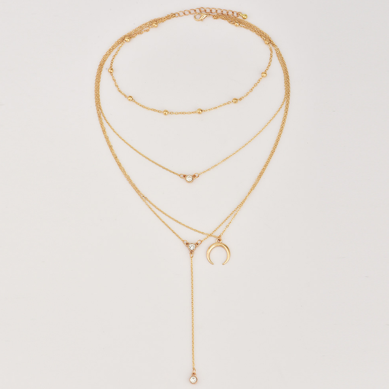 Multi-Layer Necklace with Moon Pendant and Beads