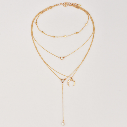 Multi-Layer Necklace with Moon Pendant and Beads