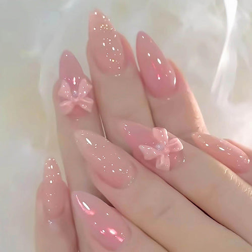 RUOKEXIN Almond Press on Nails Medium Fake Nails Pink Ombre False Nails with 3D Pink Bow Designs Glossy Glitter Artificial Nail Press ons Acrylic Glue on Nails Natural Stick on Nails for Women 24Pcs