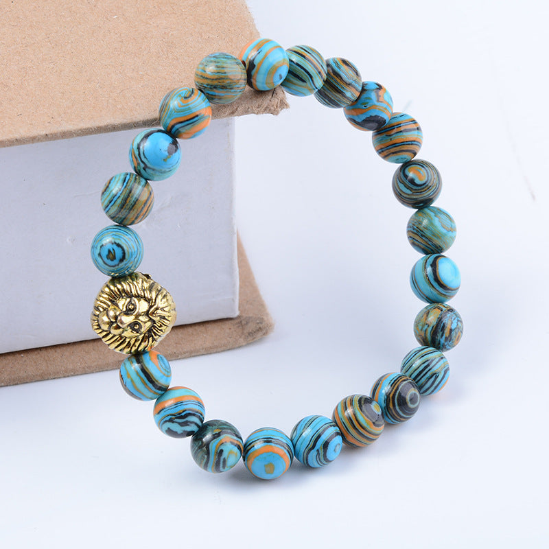 Beaded Bracelet with Blue Malachite Lion Head