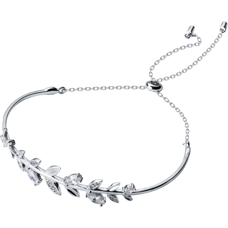 S925 Silver Adjustable Bracelet with Diamond Leaves