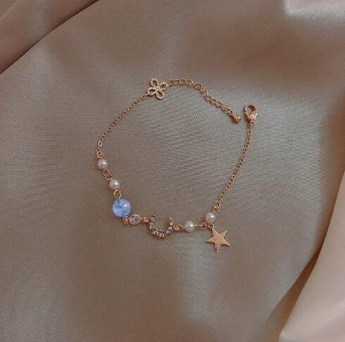 S925 Silver Bracelet with Zirconia, Pearl, Stars & Moon