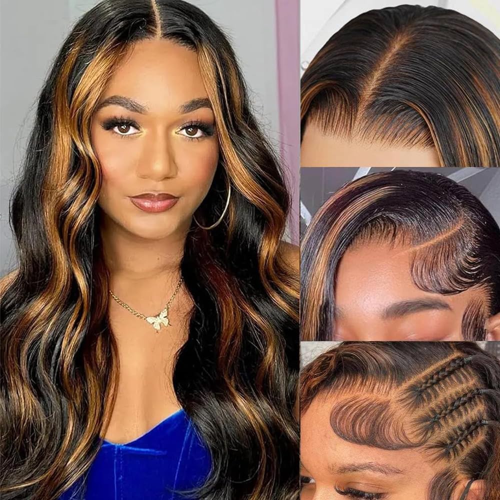 HANGFIRST 1B/30 Highlight Ombre Lace Front Wigs Human Hair 13x6 HD Glueless Body wave Lace Frontal Wigs 180% Density Brazilian Virgin Human Hair Wigs for Women Pre Plucked with Baby Hair(22 Inch)