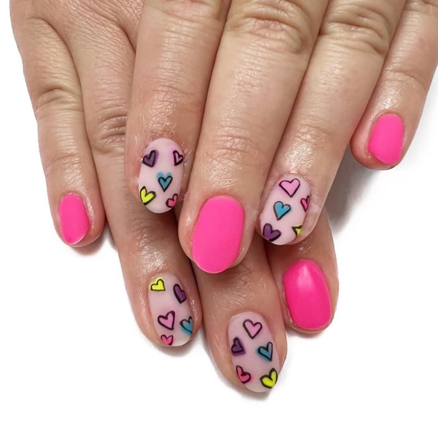RIICFDD Valentine Press on Nails Short Round Fake Nails Barbie Pink False Nails Colorful Mini Heart Glue on Nails Cute Acrylic Nails Full Cover Stick on Nails for Women Girls Artificial Nails 24 Pcs