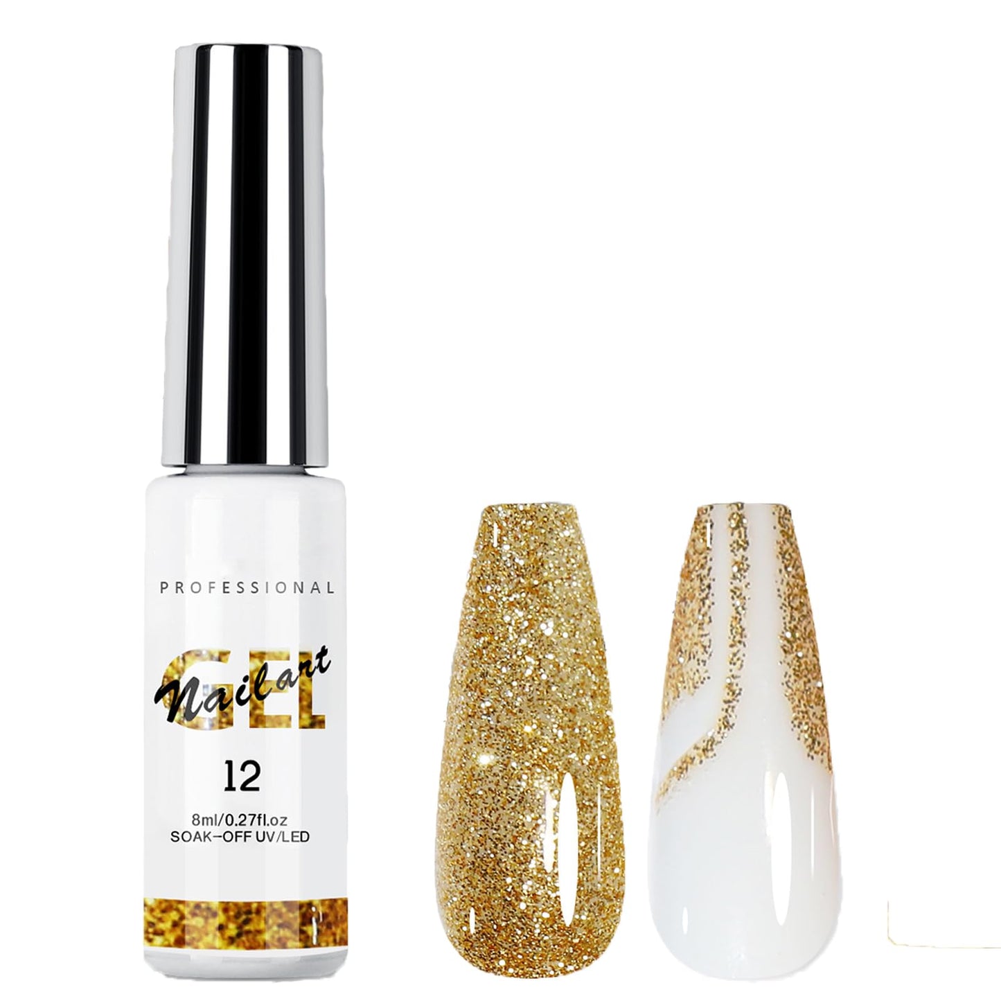YHGIJ Nail Art Polish 8ml Gel Liner Nail Polish Gold Glitter Gel Polish Liner Gel Art Sparkle Colors French Gel Polish UV Gel Paint Build in Thin Brush for Women Nails Design Lovers (Gold)