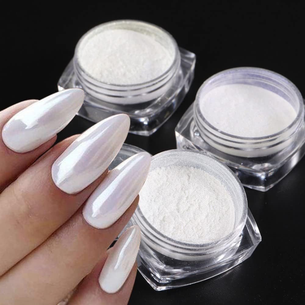 GZMAYUEN White Pearl Chrome Nail Powder Mirror Effect Pearlescent Chrome Pigment Powder for Nails Ice Aurora Nail Powder 3Pcs