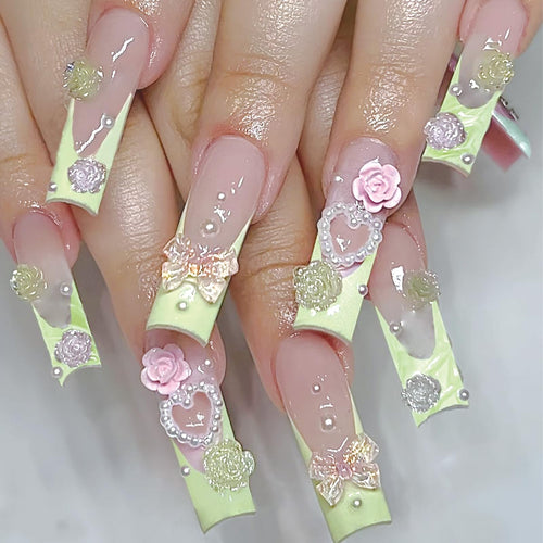 SINHOT French Tip Press on Nails Long Square Fake Nails 3D Flower Acrylic Nails Glossy Glue on Nails 3D Pearls Squoval Nails Stick on False Nails with Design 24 pcs