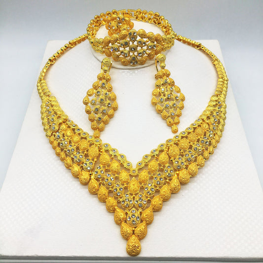 24K Gold-Plated Jewelry Set: Necklace, Bracelet, Ring, Earrings