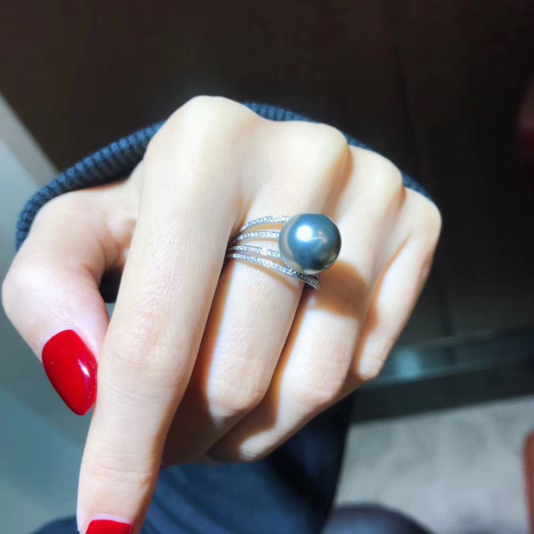 925 Silver Akoya Gray Pearl Adjustable Ring for Women