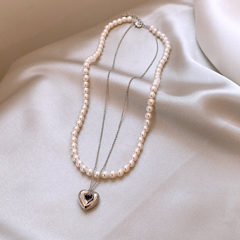 Double Layer Pearl Heart Necklace for Women