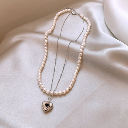 Double Layer Pearl Heart Necklace for Women