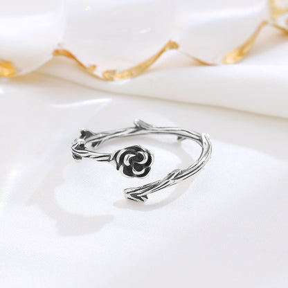 S925 Silver Vintage Rose Flower Open Ring for Women