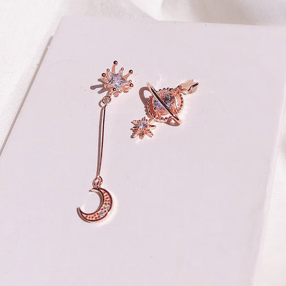 S925 Silver Asymmetric Star Moon Earrings with Zircon