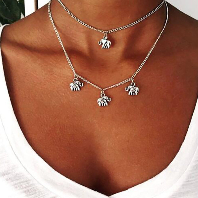 Vintage Fashion Elephant Pendant Layered Necklace