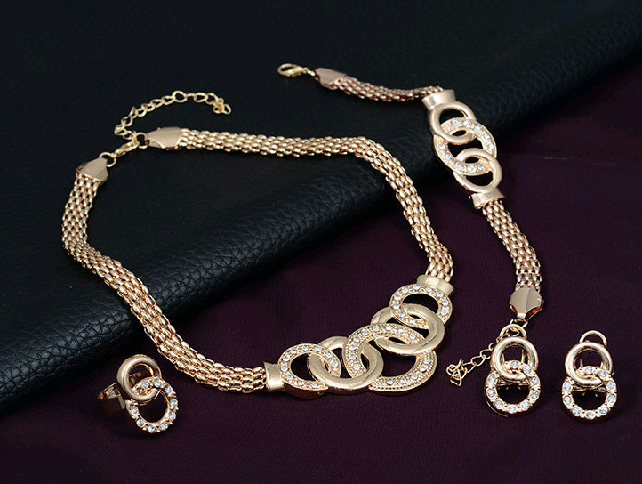 18K Gold-Plated Jewelry Set: Necklace, Earrings, Bracelet, Ring