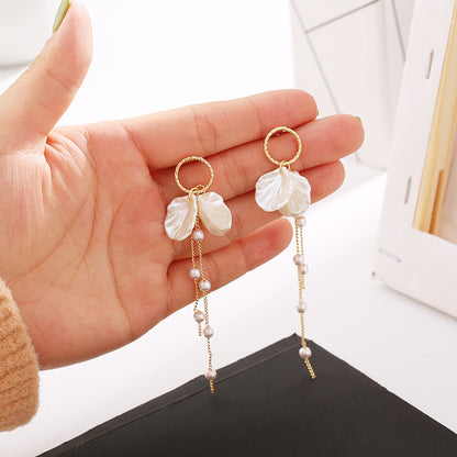 Korean Style S925 Silver Pearl Petal Tassel Earrings
