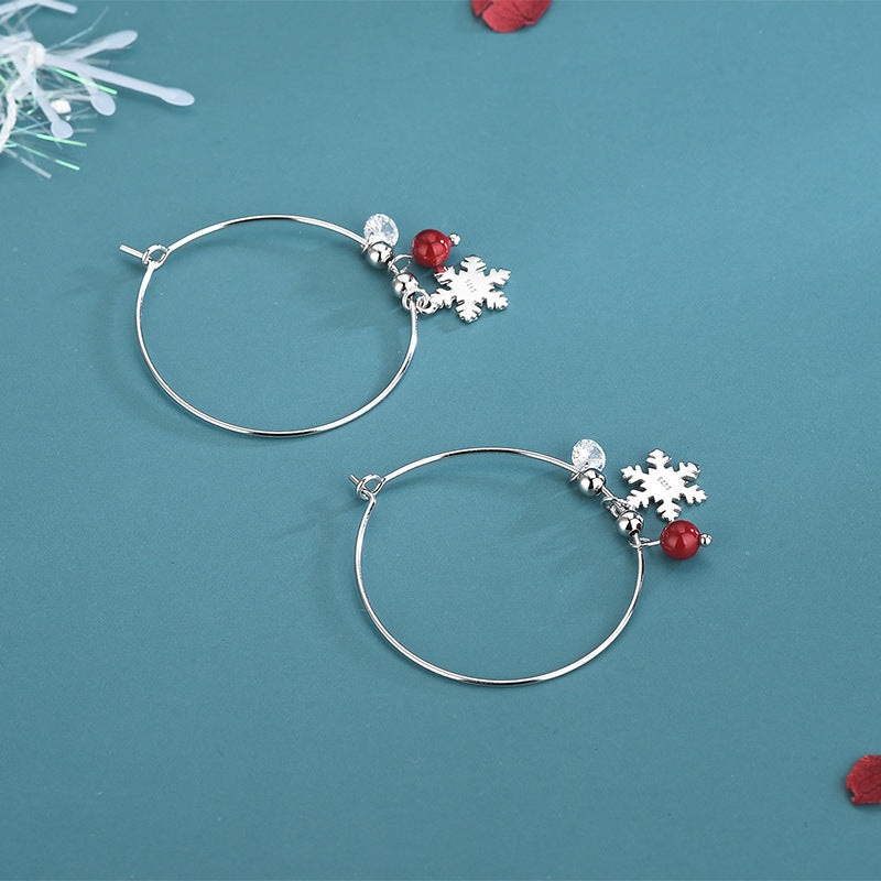 S925 Silver Korean Style Snowflake Earrings with Red Balls