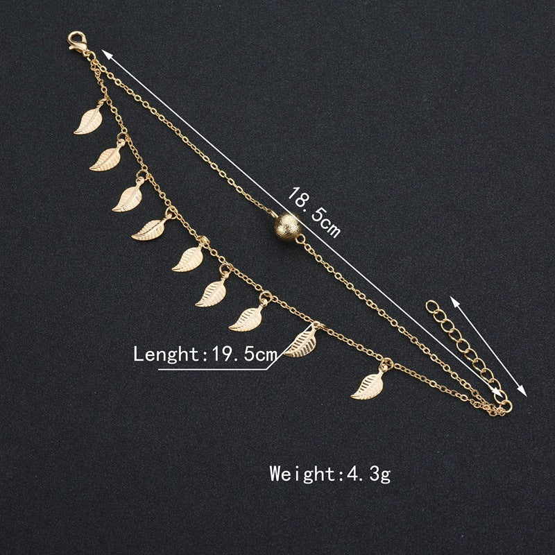 Summer Cool Beaded Leaf Tassel Anklet Double Layer
