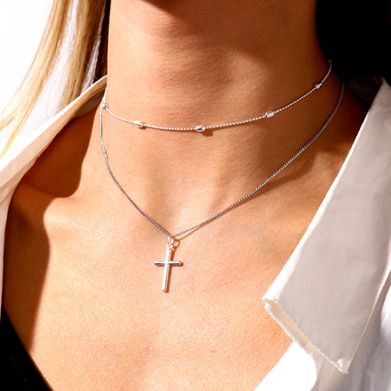 Stylish Cross Pendant Necklace with Geometric Layered Chain